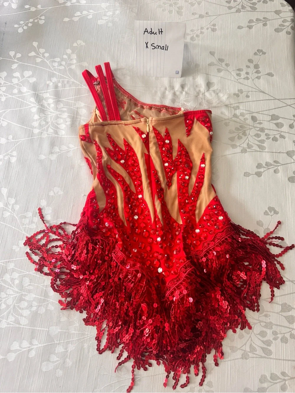 Glamour Jazz Red Sequin Flame Fringe Dance Costume